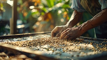 Asian man farmer drying raw coffee beans in the sun at coffee plantation Farm worker using coffee bean moisture meter inspect dried organic arabica coffee bean Agriculture and technolo : Generative AI