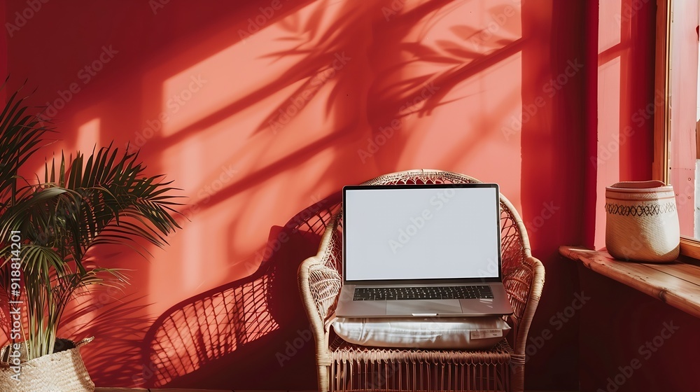 Poster laptop computer with blank screen on comfortable rattan chair against red color wall aesthetic templ