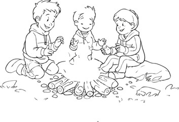 Campfire, family enjoying warmth. White background 