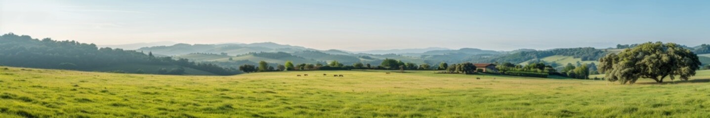 Obraz premium Caucasian Family, Two Adults, Two Children, Enjoying Rural Countryside on a Sunny Day, Surrounded by Rolling Hills, Farmhouse, and Livestock