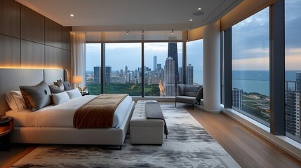 Modern and luxurious master bedroom with views of Chicago and Lake Michigan Condo or Hotel accommodation : Generative AI