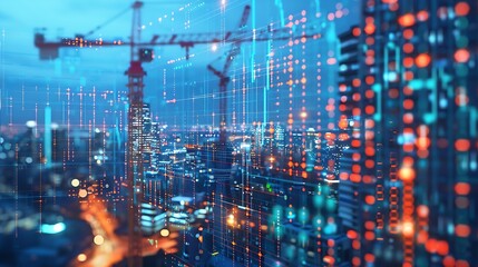 Image of financial data processing over crane and construction site global development business finance digital interface and data processing concept digitally generated image : Generative AI