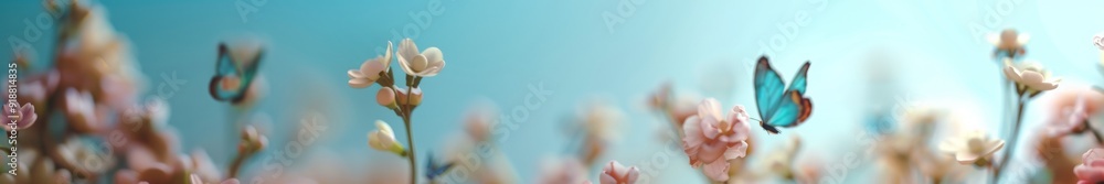 Poster Pastel Spring Flowers with Butterflies on Soft Gradient Background - Serene Daytime Nature Scene for Spring-Themed Design