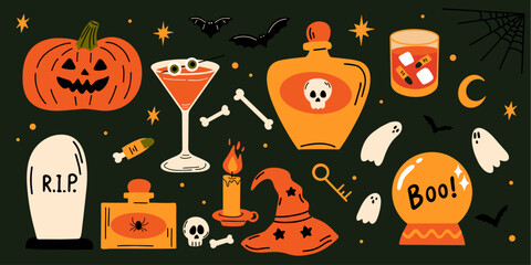 Halloween concept spooky cartoon vector illustration set, cute pumpkin, potion, tombstone, bats, skull, bones, ghost, witch hat stickers, magical elements collection, autumn holiday party decoration