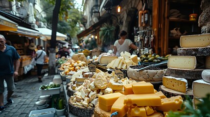 Celebrating the Tbilisoba holiday Day of city Tbilisi Georgia Street fair Counter with cheeses for sale Concept of buying dairy farm products Street food festival Shop street market : Generative AI