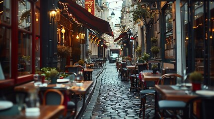 Cozy street with tables of cafe in Paris France Cityscape of Paris Architecture and landmarks of Paris : Generative AI