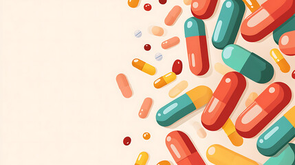 Vibrant illustration featuring various pill capsules and tablets scattered across a light background, representing medicine, healthcare, and pharmaceuticals.