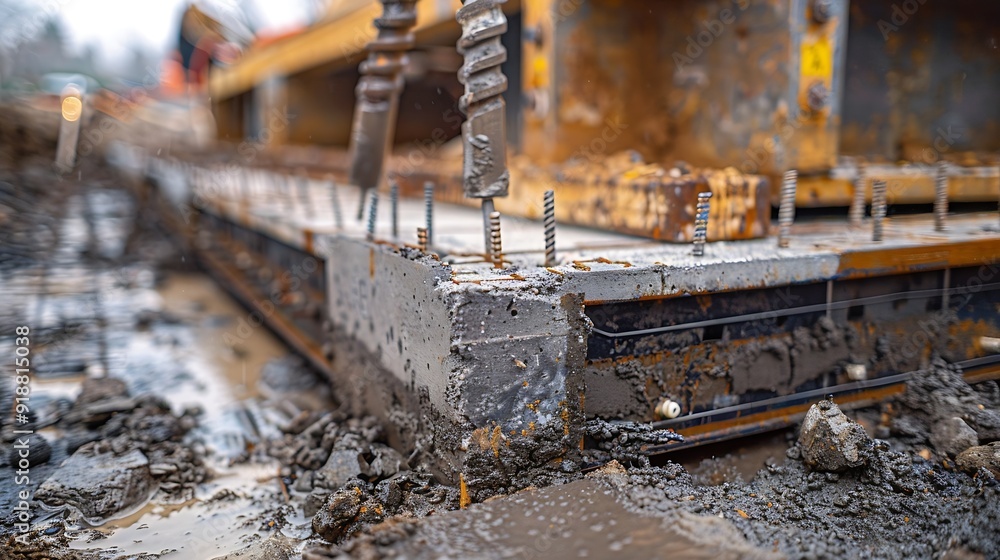 Poster large reinforced concrete structures at the construction site preparation for the installation of re