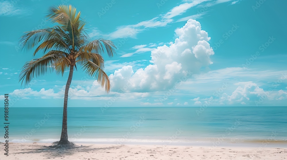 Poster palm tree on tropical beach with blue sky and white clouds abstract background copy space of summer 