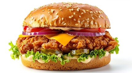 Crispy deep Fried Chicken Burger with cheese tomato lettuce pickles and mayonnaise isolated on white background : Generative AI