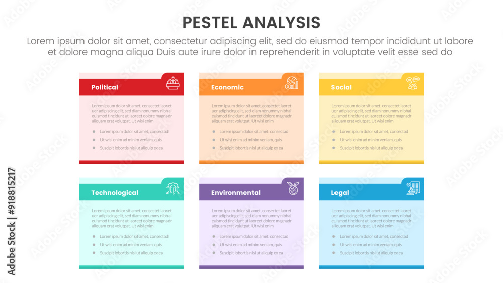 Poster pestel business analysis tool framework infographic with small table box with strong header badge wi