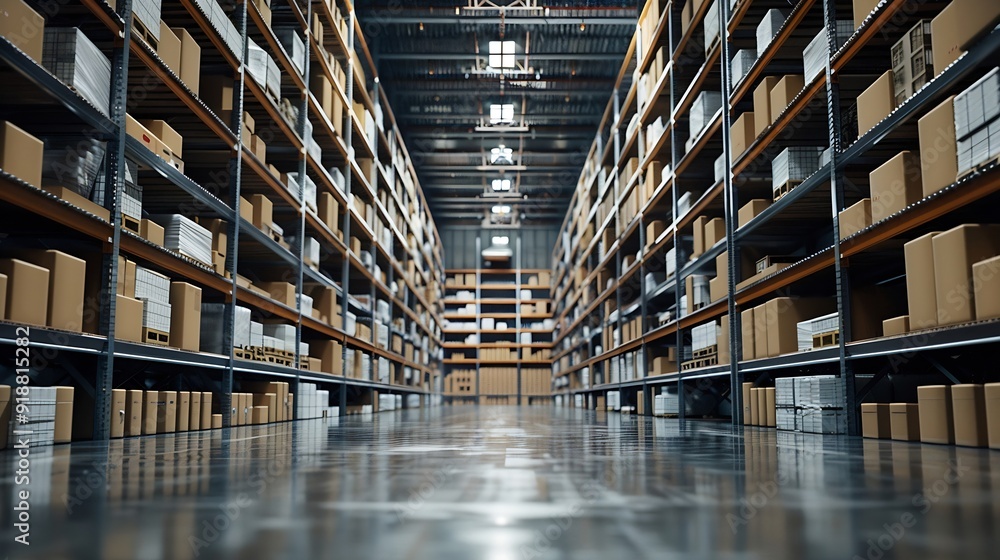 Aufkleber rows of shelves with boxes in the factory warehouse a perfectly white clean warehouse smooth boxes s