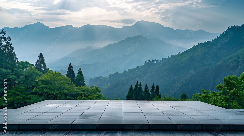 Poster empty square platform and green mountain with forest landscape in hangzhou china : generative ai