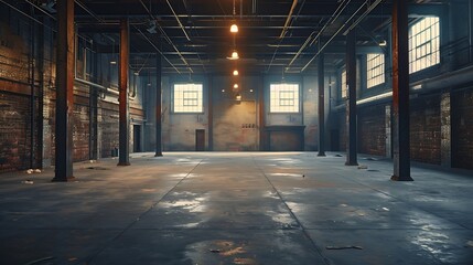 Interior view of an old rundown and abandoned factory building Big empty room with brick walls exposed beams and florescent light fixtures hanging form the ceiling : Generative AI