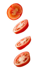 Falling tomato slices isolated on white background