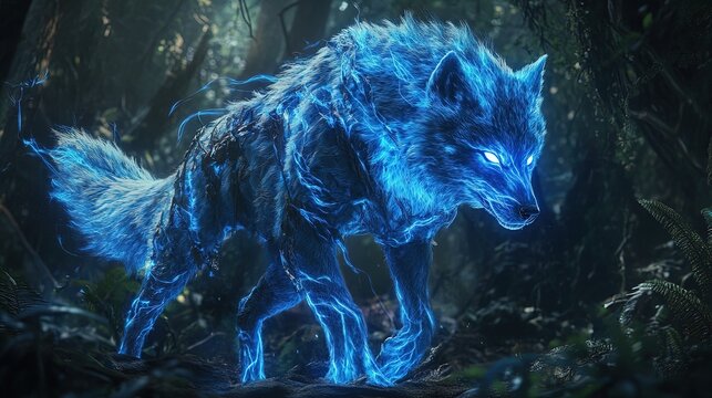 Enchanting Supernatural Wolf: A Striking Poster for Sports Decor Featuring a Luminous Blue-Furred Creature in a Magical Forest
