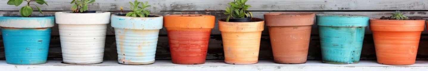Colorful Recycled Plastic Plant Pots Display in Urban Garden Promoting Zero-Waste Gardening, Daytime, Vibrant Eco-Conscious Decor