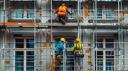 Fototapeta premium construction workers with safety equipment assembling scaffolding for maintenance of building facade on city street : Generative AI