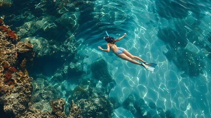 Snorkel woman swimming in the turquoise ocean sea relaxing floating on luxury travel vacation above underwater coral reefs Water sport diving active lifestyle banner : Generative AI