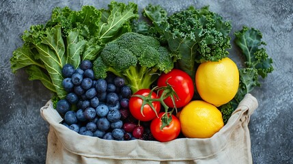 Shopping healthy food in zero waste cotton bag Celery kale tomato spinach blueberry broccoli lemon orange top view : Generative AI