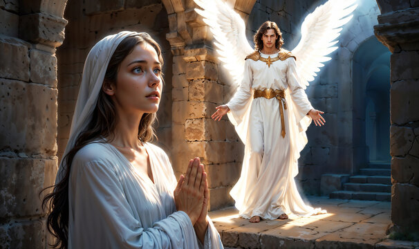 High detailed art illustration bible scene concept. The Annunciation of Blessed Virgin Mary. The archangel Gabriel told Mary that she would have a son, whom she was to name Jesus.
