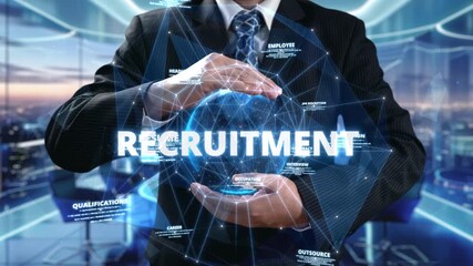 Businessman hold recruitment, job search, talent search for opened job position UUID. Global recruitment network searching for right candidates.