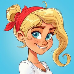 A bold, celshaded portrait of a pirate girl with fierce grin and vibrant red bandana, embodying adventure and courage.