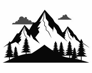 Minimalist mountain massif in the Alps with pine trees, flat design, black and white, vector Illustration white background