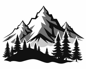 Obraz premium Minimalist mountain massif in the Alps with pine trees, flat design, black and white, vector Illustration white background