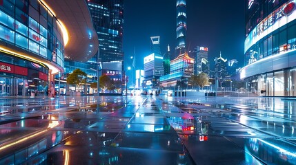 City square floor and modern commercial building scenery at night in Shanghai China Famous financial district buildings in Shanghai : Generative AI