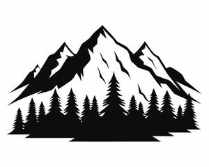 Minimalist mountain massif in the Alps with pine trees, flat design, black and white, vector Illustration white background