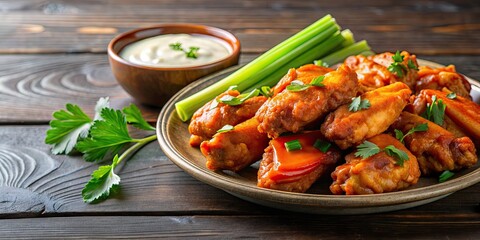 Fototapeta premium Plate of delicious chicken wings with buffalo sauce and celery sticks , food, appetizer, wings, spicy, heat, delicious