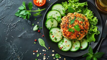 Brunch or lunch Plate with oatmeal chicken meatloaf cucumber and green herbs Health food Top view overhead : Generative AI