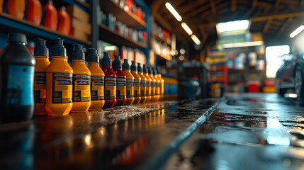Car Care Products Displayed in Workshop. Row of colorful car care products arranged on a shelf in a workshop, showcasing various detailing liquids and solutions.