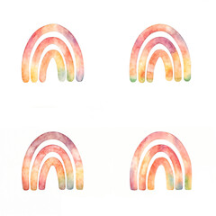Four watercolor rainbows in pastel colors arranged in a square grid on a white background. Minimalistic design for nursery or baby's room decor, greeting card, wallpaper, and poster.