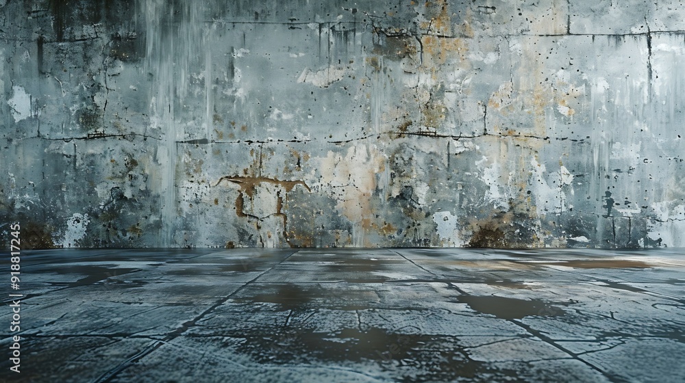 Poster empty warehouse room with grungy stucco concrete wall floor room as background corner of old grunge 