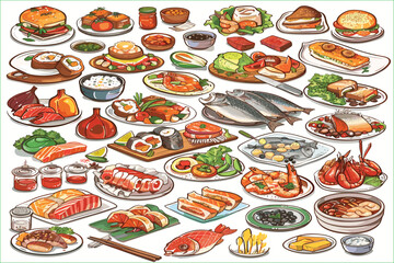 set Big food Collection of various meal, fish and meat, vegetables. Tabletop of Platters and Bowls of Food. 
