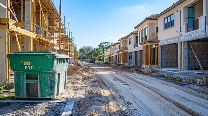 Concrete shells of bilevel townhouses under construction with a green dumpster in front in a suburban residential development on a sunny morning in southwest Florida : Generative AI