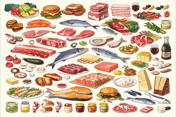 set Big food Collection of various meal, fish and meat, vegetables. Tabletop of Platters and Bowls of Food. 