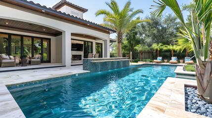 Fototapeta premium Dive into luxury with breathtaking backyard pool designs Transform your outdoor space into a paradise with our stunning pool photography : Generative AI