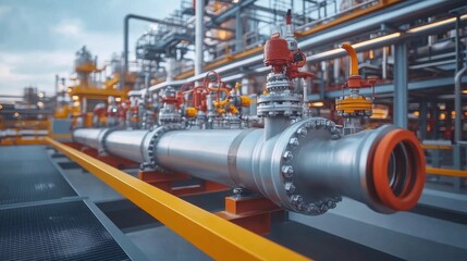 Fototapeta premium Pipeline and pipe rack of petroleum, chemical, hydrogen or ammonia industrial plant. Industrial zone Close up