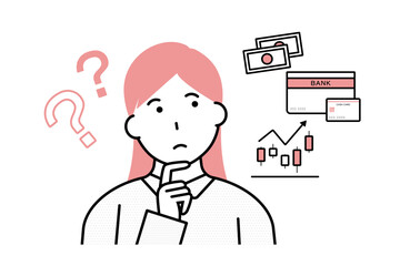 資金を貯金するか投資するかを迷う女性のイラスト