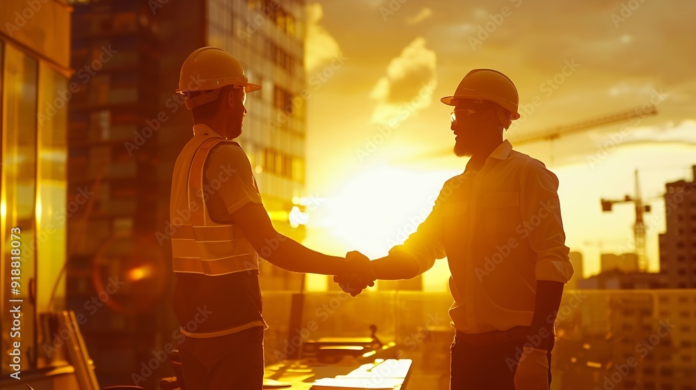 Poster construction team shake hands greeting start new project plan behind yellow helmet on desk in office