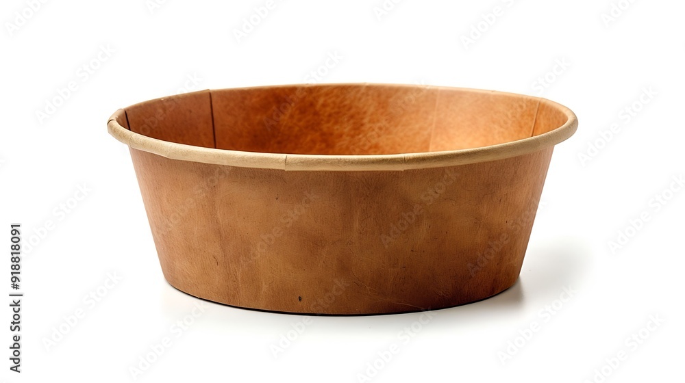 Aufkleber Side view closeup of empty single brown paper bowl isolated on white background with clipping path : Generative AI