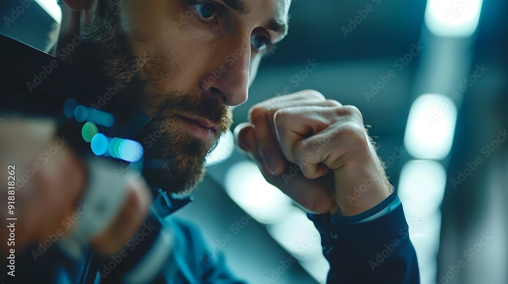 Aufkleber Mid adult man using smart watch during training Heart monitor beats with wristwatch smart watch or future data on healthcare technology in use of smart watch for health condition : Generative AI