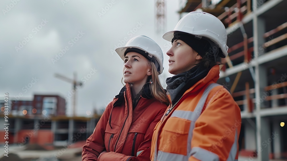 Poster Engineer and female foreman worker team checking project at precast factory site Engineer and builders in hardhats discussing on construction site : Generative AI