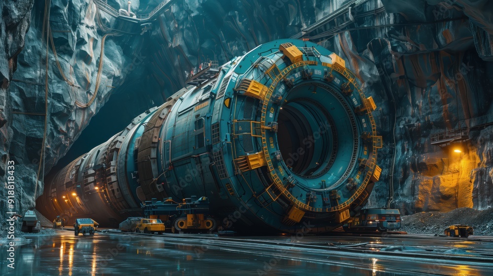 Poster tunnel boring machine at massive underground worksite. colossal tunnel boring machine sits in a vast
