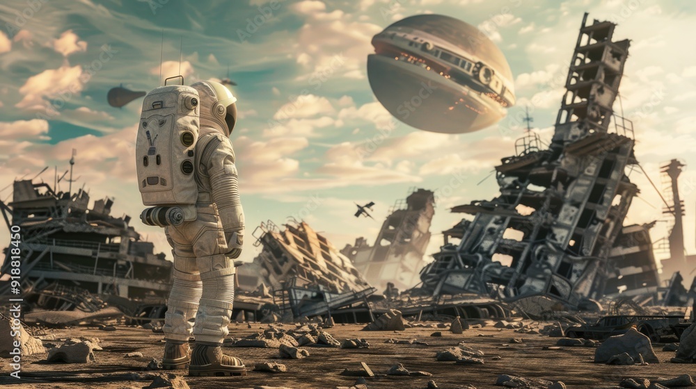 Poster a person in a space suit stands next to a spaceship, offering potential uses for editorial or commer