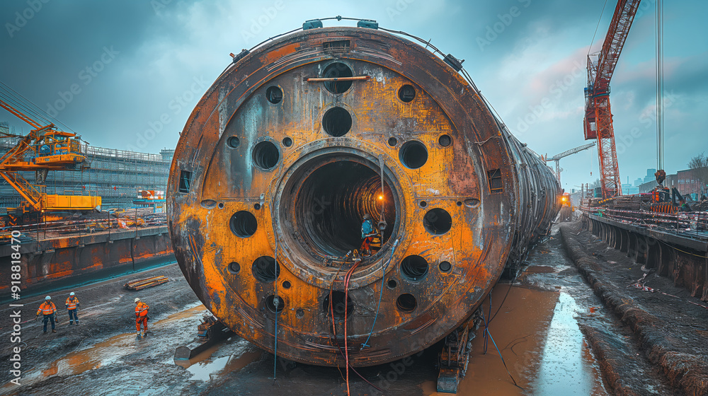 Poster worn tunnel boring machine is displayed at an open construction site, emphasizing the machinery’s ru