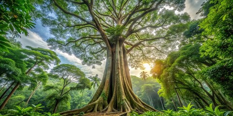 Tall and majestic Samauma tree in dense tropical rainforest , rainforest, Amazon, tree, nature, green, lush, canopy, biodiversity